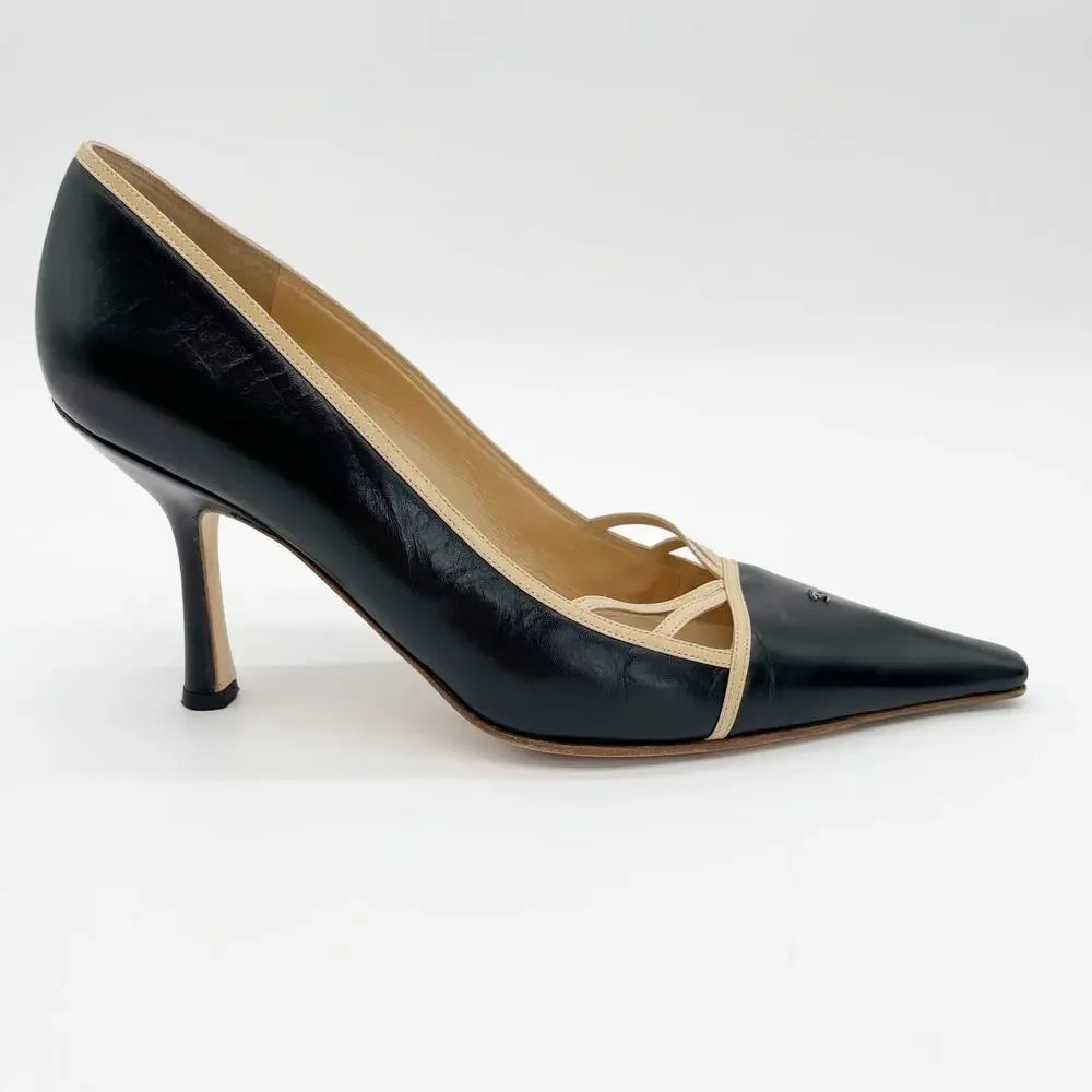 Chanel Vintage Black Leather Pumps Beige Crisscross Straps Micro CC Heels EU 40